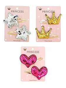 Yellow Chimes Combo of Sequins Studded 3 Pairs Hair Clips Hair Accessories for Kids Girls (Pack of 6)