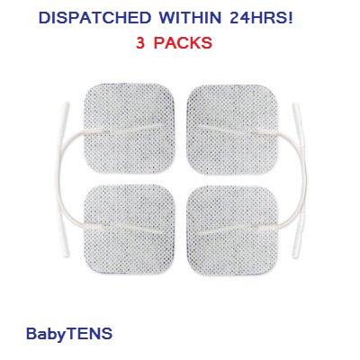 12 x Tens Electrodes pads,replacements (3 PACKS OF 4), Back, Hip, Leg, Labour pain relief 2" x 2" 5x5cm 50x50mm ELLE, Femme. Lady, Boots, Babi, Obi, Lloyds and Neurotrac