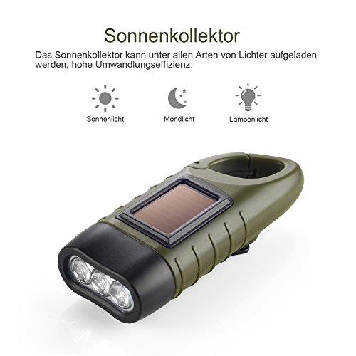 Dynamo Taschenlampe Handkurbel & Solar Notfall-Taschenlampe mit Karabiner Clip für Outdoor Camping Klettern Wandern - 2