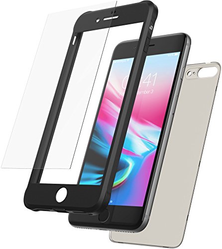 Mobilyos Funda iPhone 8 Plus 360 Grados + Vidrio Templado, [Bumper Flexible Antigolpes ] [ Negro ] Funda iPhone 7 Plus Integral con Trasera Transparente Tintada