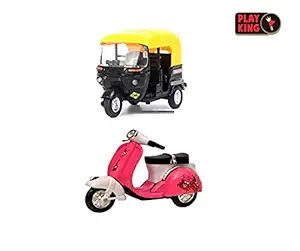 Playking Combo of Die Cast Metal Scooter & MTI Die-Cast Model Tricycle R1 Auto Rickshaw, Color May Vary