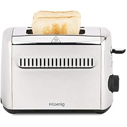 H.Koenig Grille Pain Toaster 2 Tranches TOS9 Fentes larges 40mm Inox vintage, 7 Niveaux brunissage, Décongélation, Rapide uniforme, Remontée extra-haute, Pain, muffin, bagel, Nettoyage facile, 950W