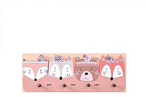Yinitoo Children's Coat Rack with 4 Hooks Wall Coat Hooks Children's Furniture Coat Hooks Forest Animals Young Girls (Fox and Bear)