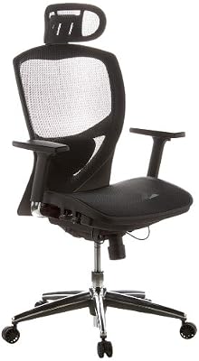 hjh OFFICE 657100 chaise de bureau, fauteuil de direction haut de gamme VENUS ONE noir avec accoudoirs, appuie-tête et support lombaire intégré au dossier en maille anti-abrasif, piètement en alu