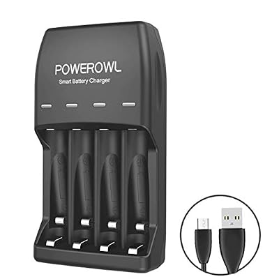 POWEROWL Chargeur de Piles Rechargeables 4 Bay AA/AAA Ni-MH Piles Rechargeables avec Port USB - Noir