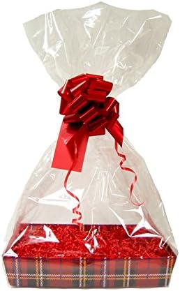 Jaffa Imports RED DIY Xmas Gift Basket Hamper Kit - TARTAN Cardboard Tray, Red Shred, Red Bow, Cellophane Bag & Red Gift Tag (Large - 35cm x 24cm x 8cm high)