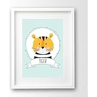 Kinderbild ungerahmt, kleiner Tiger, Wunschname personalisiert, Kinderposter Tiere Geschenk Geburt Taufe