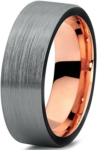 Midnight Rose Collection Tungsten Wedding Band Ring 7mm for Men Women Black Grey Rose Gold Plated Flat Cut Brushed Polished Size V 1/2