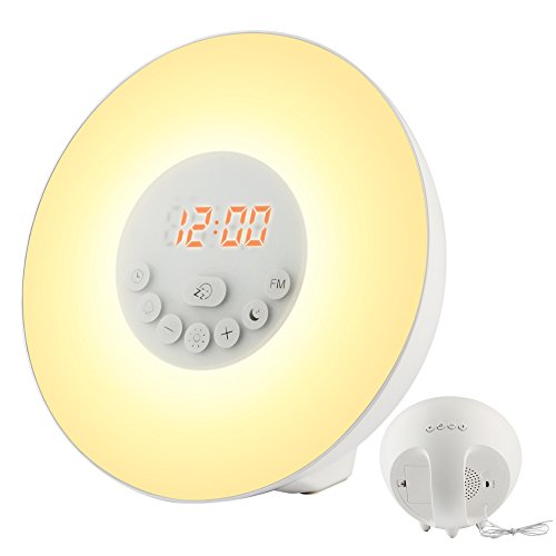 Beawelle D02 Wake-Up Light mit Sonnenaufgangsfunktion in 10 Farbstufen inkl. digitalem FM Radio, 6 natürlichen Wecktöne, 7 Farben