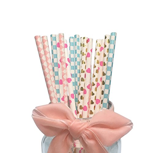 BOFA 100 Piezas de Colores Papel pajitas 19,7 cm Rosa corazón, Oro corazón, bebé Azul Checker, luz Rosa Harlequin