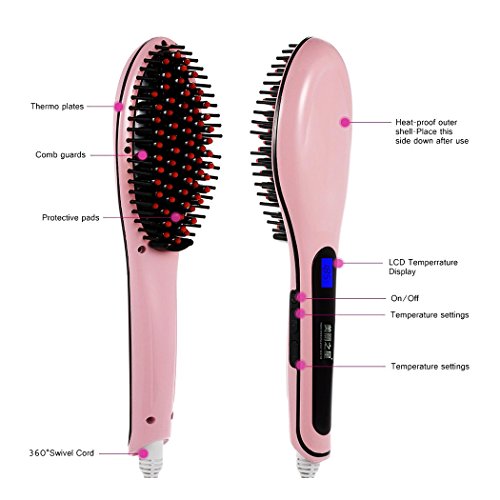 Soriace Digital Anti Static Ceramic Hair Straightener Heating Detangling Hair Brush Paddle Brush For Faster Straightening Styling (Pink)
