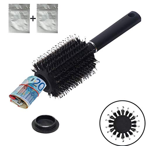 Haarbürste mit Geheimfach inkl. 2 wasserdichte + geruchsneutrale Beutel, geheimer Deckel mit Schraubverschluss | Wertsachen Versteck für unterwegs und zu Hause, Geheimfach für über 30 Geldscheine