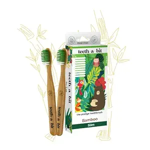 teeth-a-bit The Pledge Toothbrush Kids (5-8 Years) Slim Handle with Gum Sensitive Soft Bristles Pack of 2 Kids Bamboo Toothbrushes (Forest Green)
