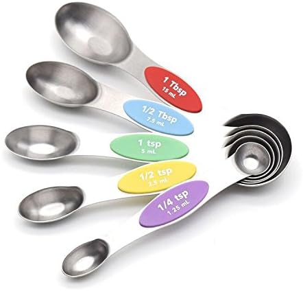 Measuring Spoons Magnetic Set of 5 for Cooking and Baking Double Sided Stainless Steel Kitchen Spoon - Narrow End for Spice Jars and Round End for Liquids by KAISHAN