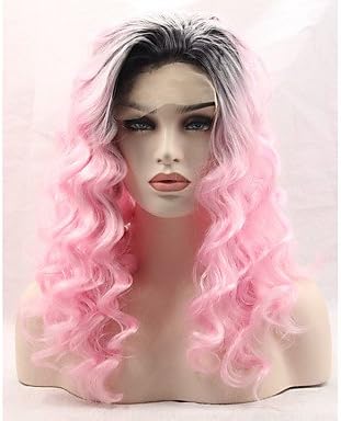 Gzhuang Cheap Natural Long Wavy Fashion Realistic Wig Ombre Pastel Pink Color Glueless Synthetic Lace Front Wig Half Hand Tied Hair for Women , 22 inch