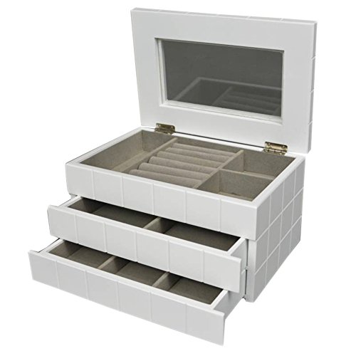 Modernes, weißes Schmuckkästchen aus Holz mit Schubladen und Spiegel Modernes, weißes Schmuckkästchen aus Holz mit Schubladen und Spiegel