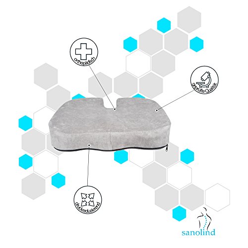 Sanolind® Orthopädisches Druckentlastungskissen, Sitzkissen gegen Rücken- und Steißbeinschmerzen. Ergonomisch geformter und stabiler Visco-Gelschaum für schmerzlinderndes Sitzen. Farbe grau. - 2