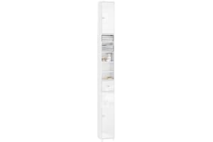 SoBuy Meuble Colonne Salle de Bain, Armoire de Rangement Placard de Rangement Étroite, 1 Tiroir, 2 Portes et 5 Compartiments Ouverts, Étagères Réglables, Blanc Brillant, 20x20x180 cm, BZR167-GW