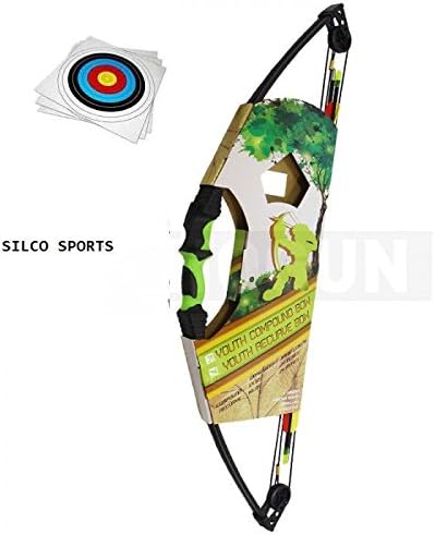 SILCO Child Kids Black &amp; Green Compound Archery Bow 12Lbs Package with 3 X Arrows &amp; 5 FITA Targets plus accs...