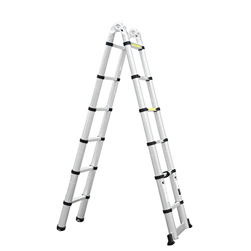 FEMOR 3.8M Alu Klappleiter und Teleskopleiter mit erweiterter Grundlage Aluleiter Sprossenleiter Schiebeleiter Klappleiter (3.8M mit Standfuß)) - 2
