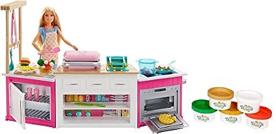 Mattel Barbie Métiers Coffret poupée cheffe avec kit cuisine Comprenant Four, Accessoires pour Repas et cinq Pots de pâte à Modeler, Jouet pour Enfant, FRH73