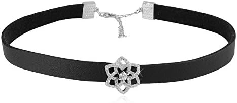 Black Choker Necklace For Women- With Sterling Silver Sparkling Flower Pendant