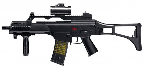 PACK G36 C COMPACT SPRING EN PACK COMPLET HOP UP RAILS 0.5 JOULE H&K + 5 CIBLES HUMAINE SPECIAL POLICE 50X70