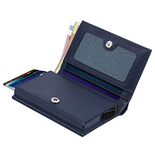 Cartera de Tarjetas SAMKING Cartera Hombre de RFID,Automática Pop-up Tarjeteros para Tarjetas de Credito Piel (Azul)