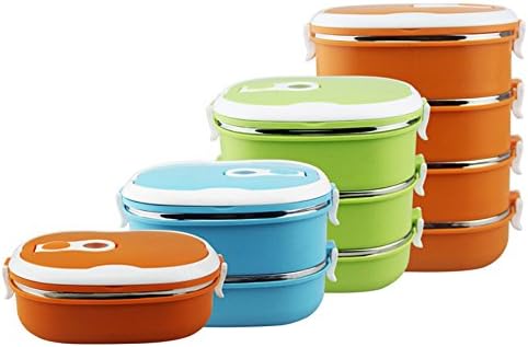 Glantop Portable Stainless Steel Thermal Insulation Lunch Box Food Container with Handle (Green, Double Layer)