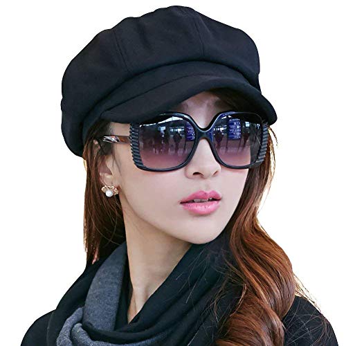 Ladies Newsboy Cabbie Beret Cap Bakerboy Visor Peaked Winter Ivy Flat Hat for Women (Black)