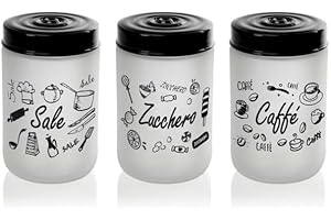MECSAL CASALINGHI Set 3 Barattoli Contenitori, Tris Sale Zucchero Caffè, in Vetro Bianco Satinato, con Decorazioni