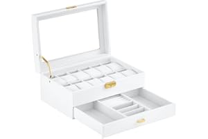 LINGFANSTORE Skórzana szkatułka na zegarki z 12 przegródkami, z szufladą, luksusowy organizer prezentacyjny, szkatułka na zegarki, ze szklanym wyświetlaczem, górna część na zegarki, pierścionki, bransoletki (biała, szer. 79 W)