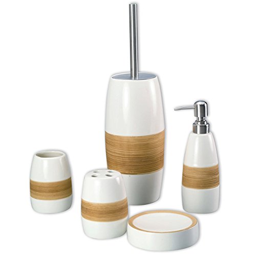 Beiges 5-tlg. Badset SAVANNA - bestehend aus Seifenspender Seifenschale Zahnputzbecher Zahnbürstenhalter WC-Bürste - afrikanischer Design Stil - aus Keramik