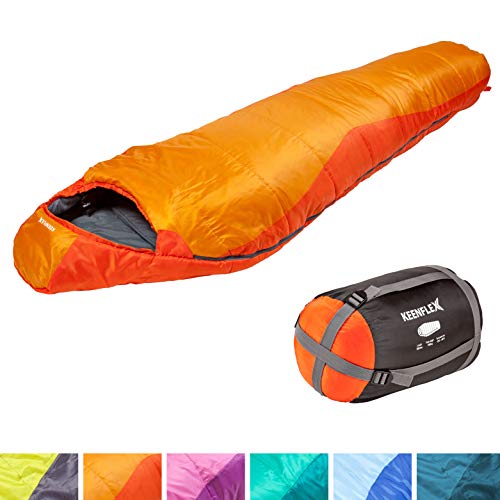 Keenflex - Sac de Couchage - 3 saisons chaud léger et compact étanche avancé Système de contrôle de la chaleur - Idéal pour le camping randonnée randonnée - Sac de compression inclus (Orange)