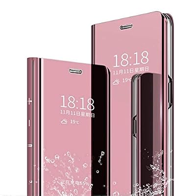 MLOTECH Coque Xiaomi Redmi Note 5 Flip Clear View Translucide Miroir Cover + Verre trempé Film Protecteur Standing 360°Housse étui Antichoc Smart Cover Bumper Or Rose