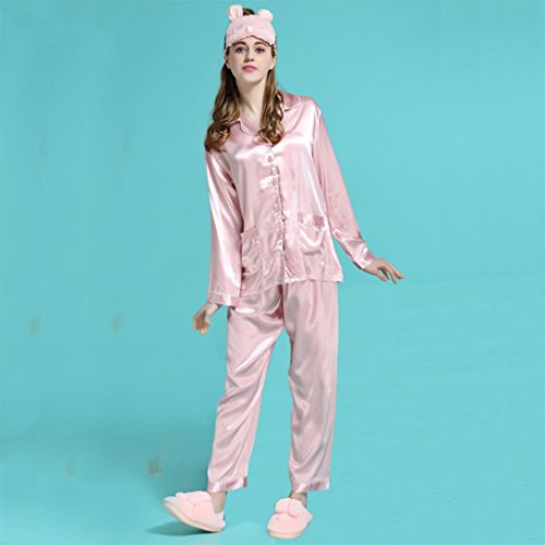 Victoria secret the same paragraph Ice silk pajamas spring and autumn long-sleeved thin section large size loose silk silk Pajama suit ( Color : Pink , Size : M )