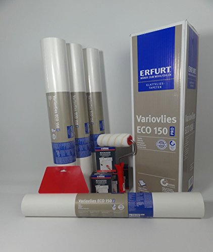 WACOLIT-SET 4 Rollen 75m² ERFURT Eco Vlies 150g inkl. 4x Wilckens Rollkleister + Tapetenglätter + Kleisterroller, Variovlies Glattvlies Malervlies überstreichbare Vliestapete