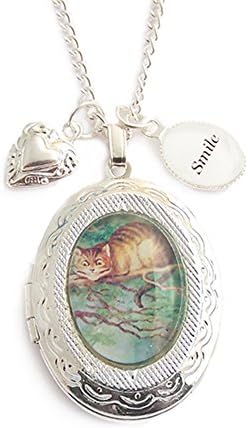 LunarraStar Women Silver Plated Oval Glass Alice in Wonderland Cheshire Cat Smile Illustration Charm Locket Necklace