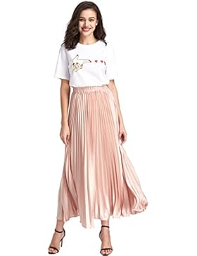 ROMWE Damen Rock Plissierter Maxi Faltenrock Plisseerock A-Linie Falten Lang Rock