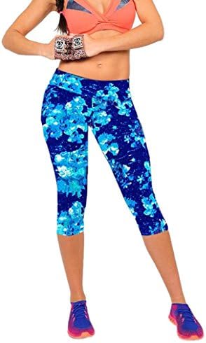 Fortan High Waist Fitness Yoga Sport Pants Printed Stretch Cropped Leggings (Small, Blue)