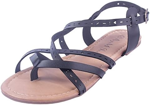 AgeeMi Shoes Women Buckle PU Solid No-Heel Split-Toe Sandals,EuL27 Black 37