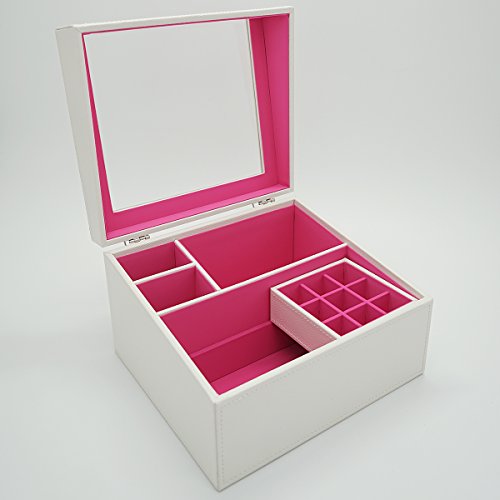 4Queens XXL Sexy Schwarz/Rosarot Holz Leder Kosmetikorganizer Kosmetikbox Kosmetik Ständer Kosmetik Aufbewahrung Schmuckaufbewahrung Schmuckkasten Schminkkasten Schminkbox Schmink Aufbewahrung Makeup Aufbewahrung Makeup Box mit sichtbarem Fenstern LxBxH: 25*22*15cm (Weiß/Rosarot) - 4