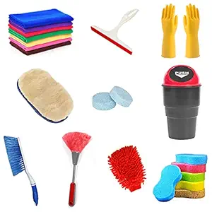 Kanya Car Accessories Car Cleaning Washing Combo Kit(Car Dustbin,Microfiber Cloth,Wiper,Hand Gloves,Polish Pad,Magics Tablet,Brush,Cotton Duster,Sponge,Mit Gloves)-Car Washing Kit (11 PCS Combo)