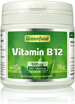 Greenfood - Vitamin B12, 500 mcg, 180 tablets, vegan - important for nervous system and thinking, mood-enhancing. WITHOUT magnesium stearate. NO artificial additives. Non-GMO. Vegan.