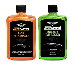 Auto Factor Combo of Premium Car Shampoo 500 ml and Interior Dresser 500ml | PH Neutral Formula | Thick Highly Concentrated Liquid Cleans Dirt, Grime and Leaves a Brilliant Shine