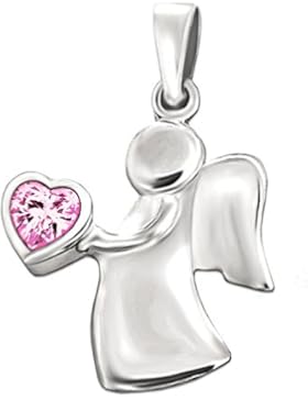 CLEVER SCHMUCK Silberner Anhänger Engel 15 mm mit rosa Zirkonia Herz in der Hand glänzend STERLING SILBER 925