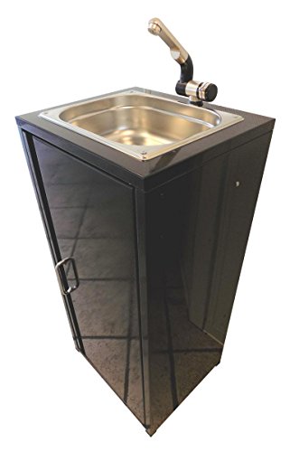BBT@ / Mobiles Waschbecken im Stahlblech-Schrank Schwarz / Sofort einsatzbereit / Inklusive Edelstahl-Spüle, Tauchpumpe, Netzteil, Wasserhahn, Staufach, große Kanister für Frischwasser und Abwasser / Spülbecken Handwaschbecken Waschstation Camping - 7