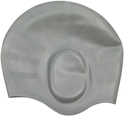 Alxcio Adult Ergonomic Ear Pockets Silicone Swimming Cap Hat Waterproof Anti-Tear High Elastic Bathing Cap, Silver