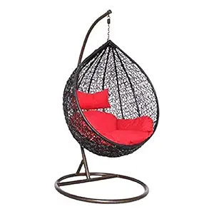 Keeyash Swing Chair with Cushion Furniture Metal; Rattan and Wicker Cocoon Ball Basket Chair Hanging Swing with Tufted Outdoor Poly-Fibre Patio Seat Padded Cushion Pillow (Red)