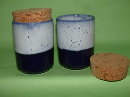 2 Pottery Storage Jars Glazed in Cobalt Blue with White top .Craft Made Also with Natural Cork Tops